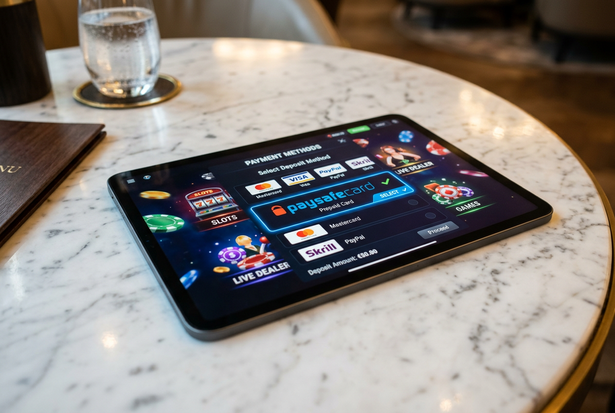 Widok lobby kasyna online na tablecie z logo Paysafecard