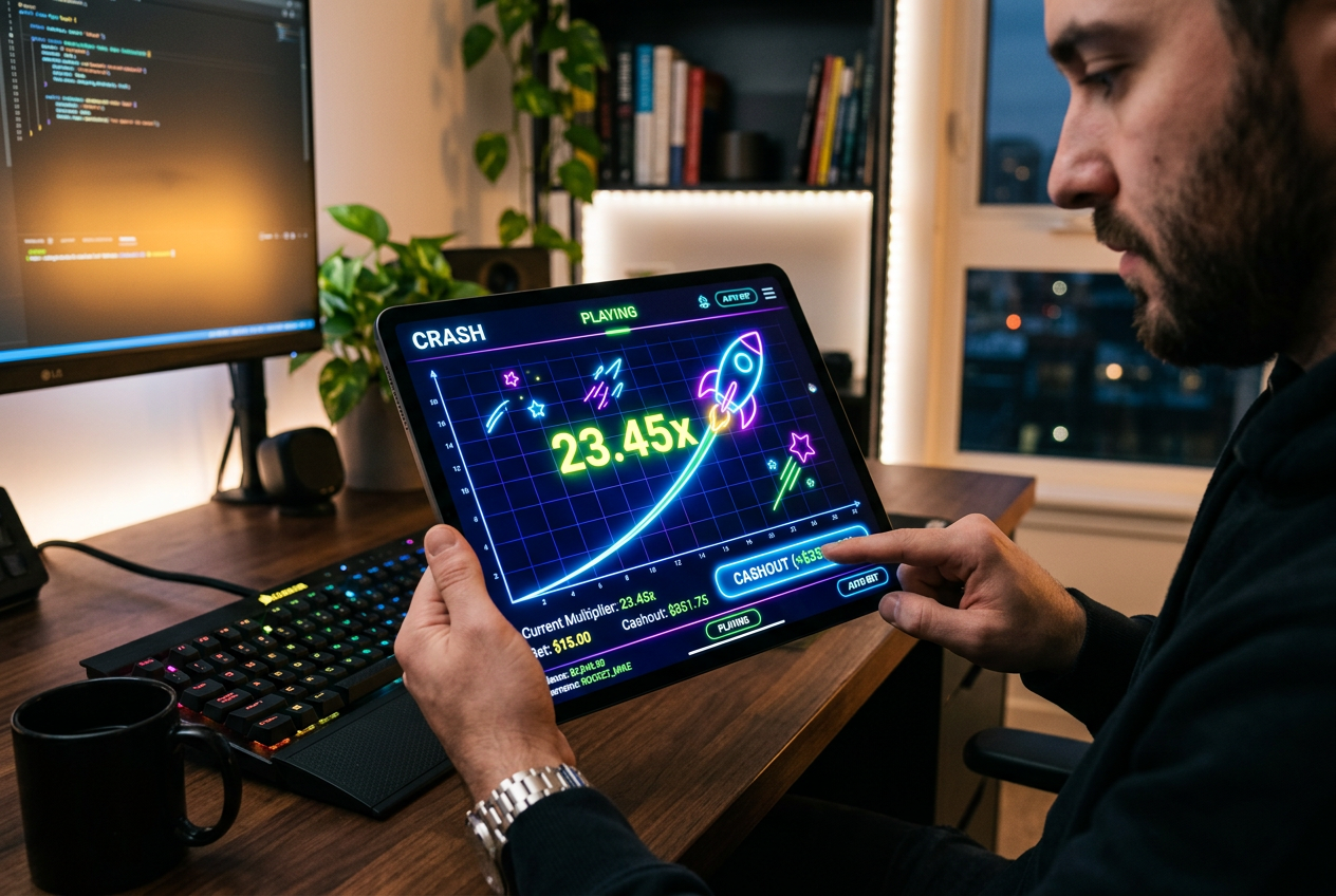 Użytkownik wybierający grę typu crash na tablecie z logo kasyna