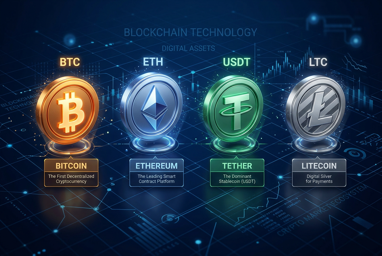Infografika z logotypami kryptowalut BTC ETH USDT LTC