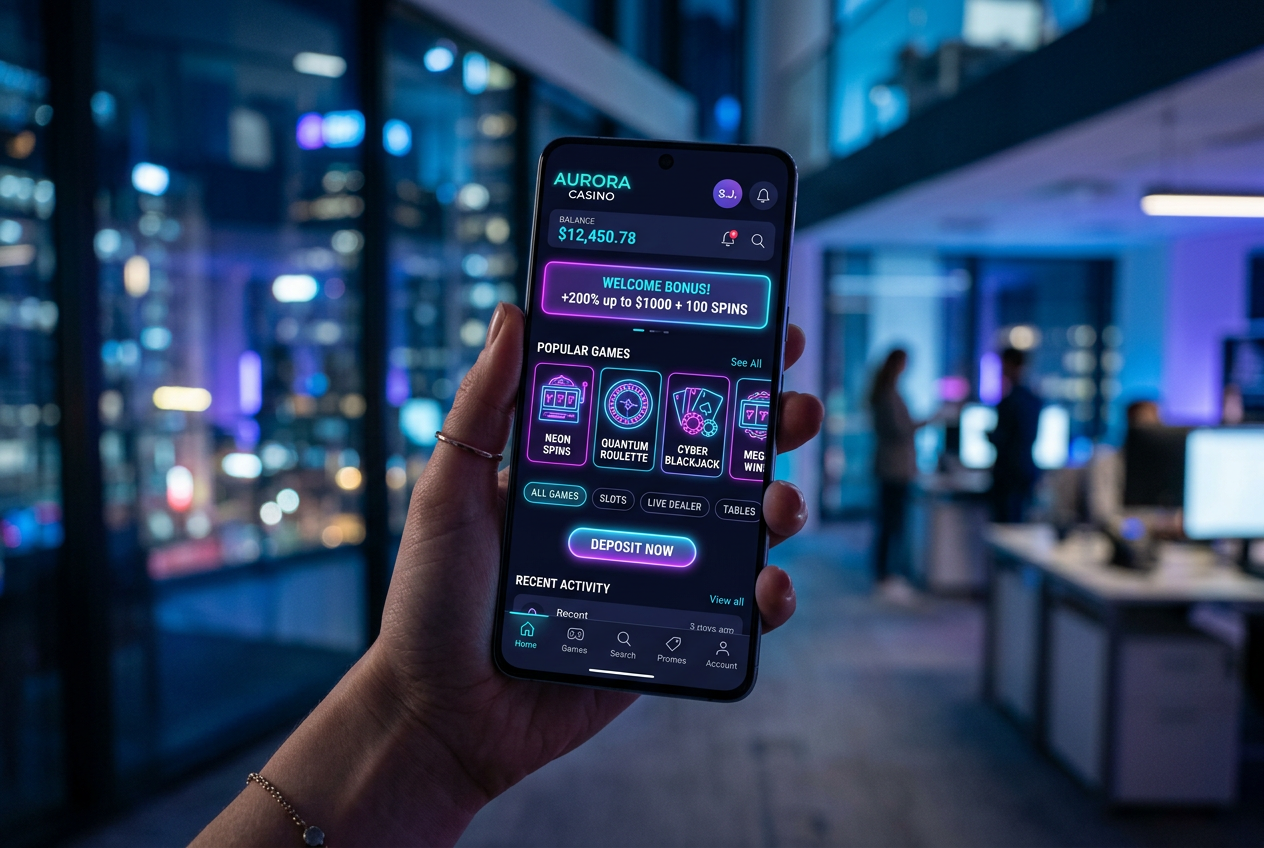 Nowoczesny interfejs kasyna online na smartfonie z neonowymi akcentami